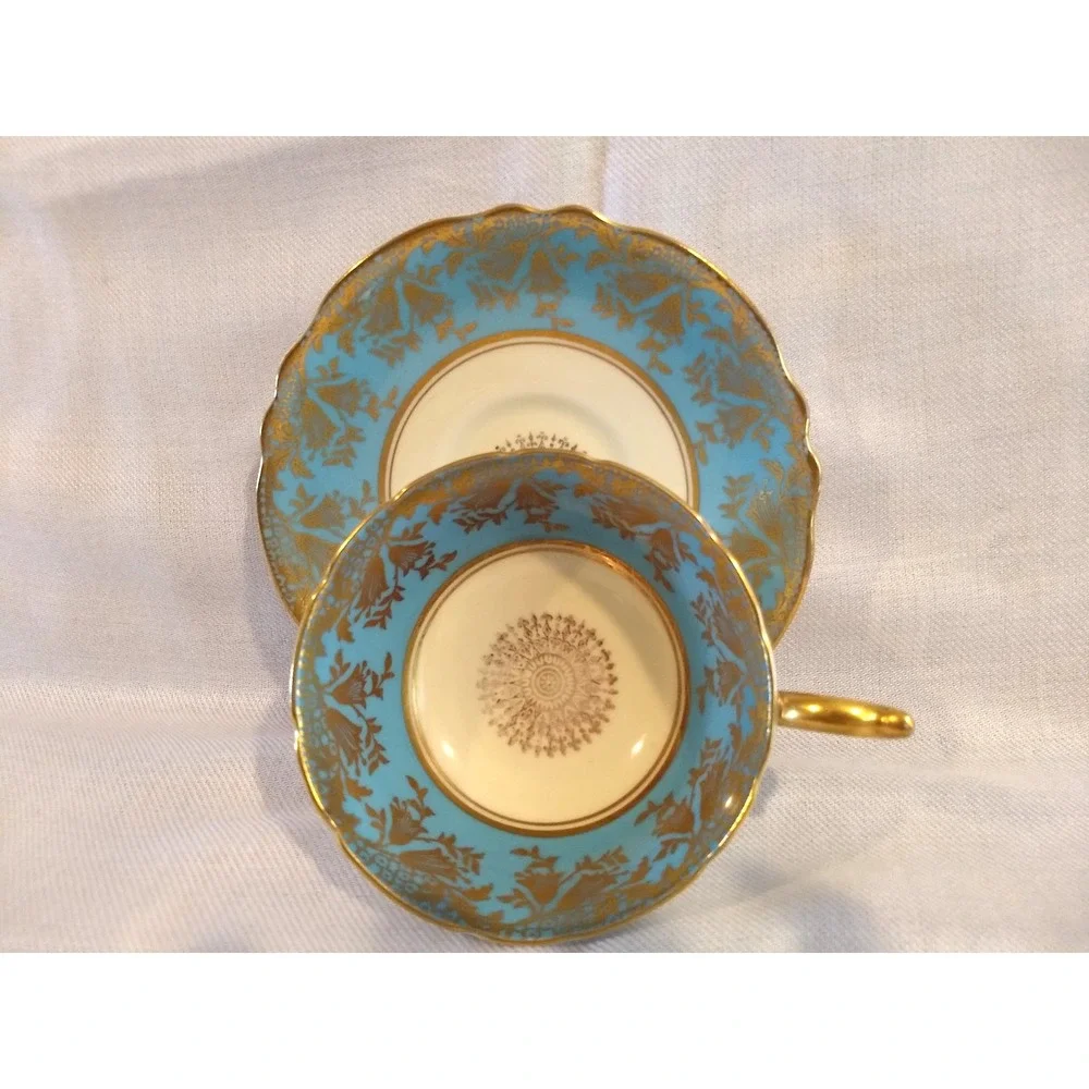 Paragon Teacup Saucer Bluebell Medallion Heavy‎ Gold Gilt Double Warrant Vtg 40s